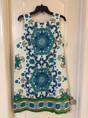 London Times Cream Dress with Blue & Green Medallion Print